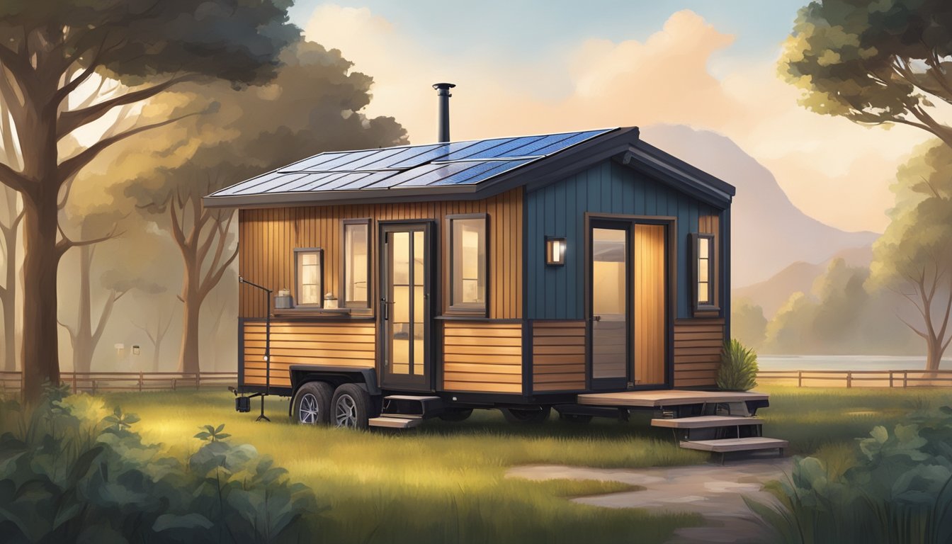 A tiny house on wheels with specialized features, such as solar panels and a rainwater collection system, sits in a tranquil natural setting