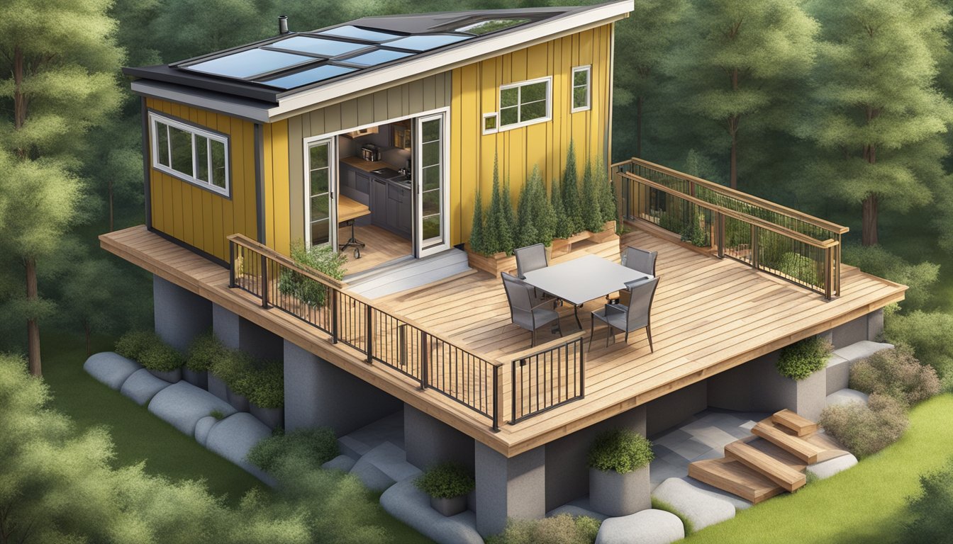 A tiny house plan with a loft, surrounded by trees and nature, with a foundation being laid and the structure taking shape