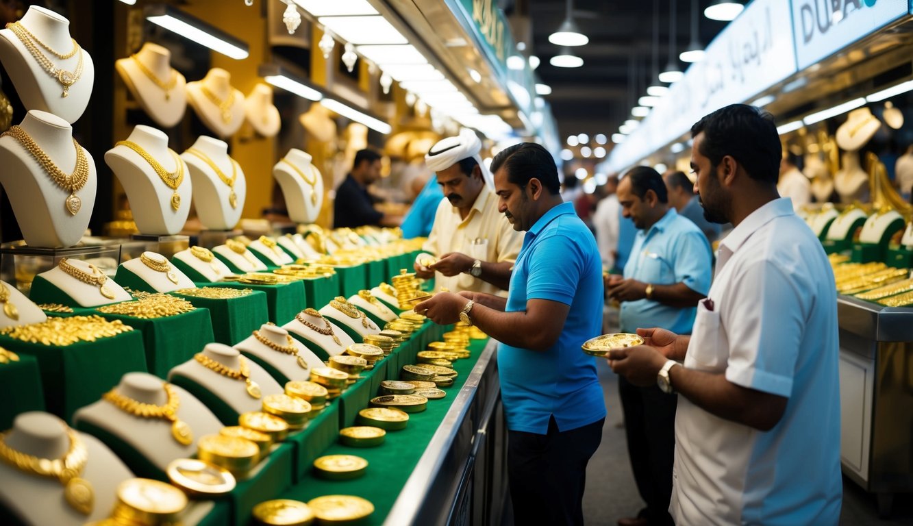 A bustling Dubai gold market with rows of gleaming jewelry and bullion, customers and vendors haggling over prices