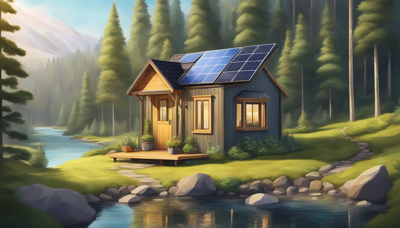 A cozy tiny house nestled in a forest clearing, surrounded by tall trees and a winding stream, with a small garden and solar panels on the roof