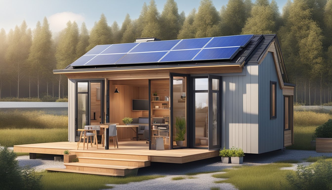 A tiny house with solar panels, rainwater collection system, and fold-out furniture for multi-functional living space