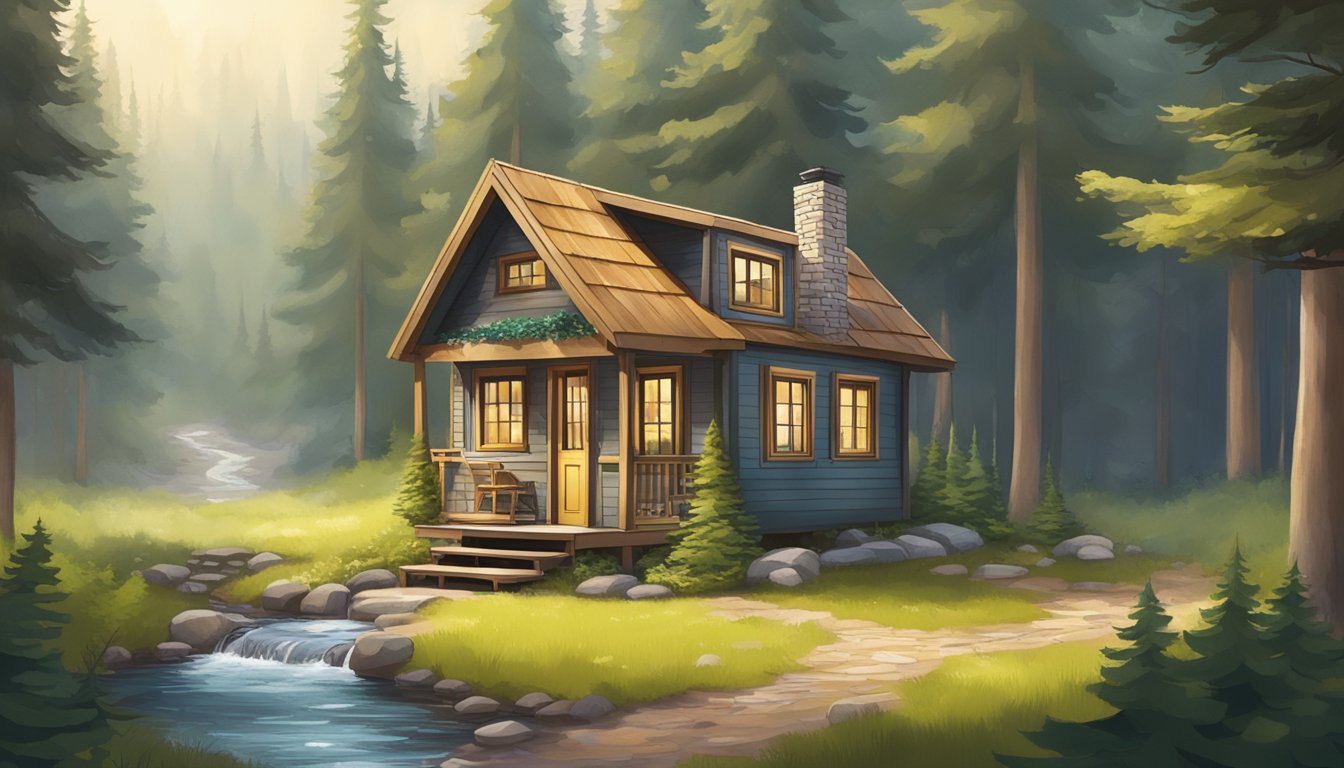 A cozy tiny home nestled in a forest clearing, surrounded by tall trees and a bubbling stream