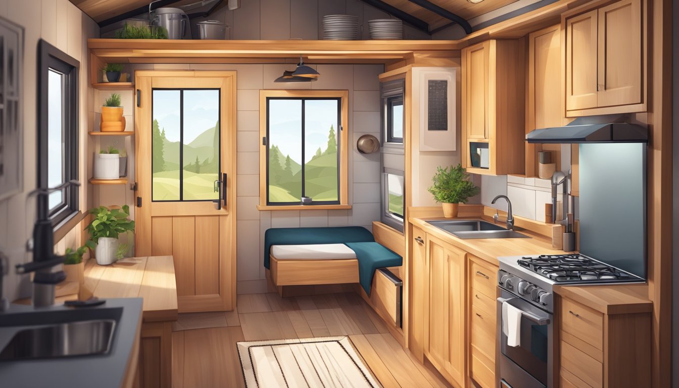 A cozy tiny house interior with a compact kitchen and a small bathroom