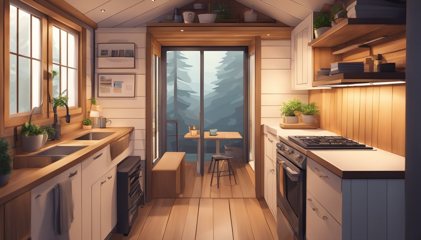 A cozy tiny house interior with warm lighting, minimalist decor, and clever zoning to maximize space