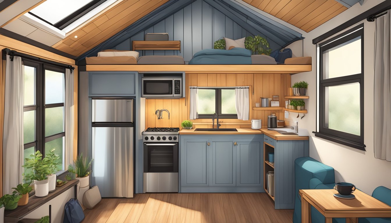 A cozy tiny house interior with a lofted bed, compact kitchen, and functional living space