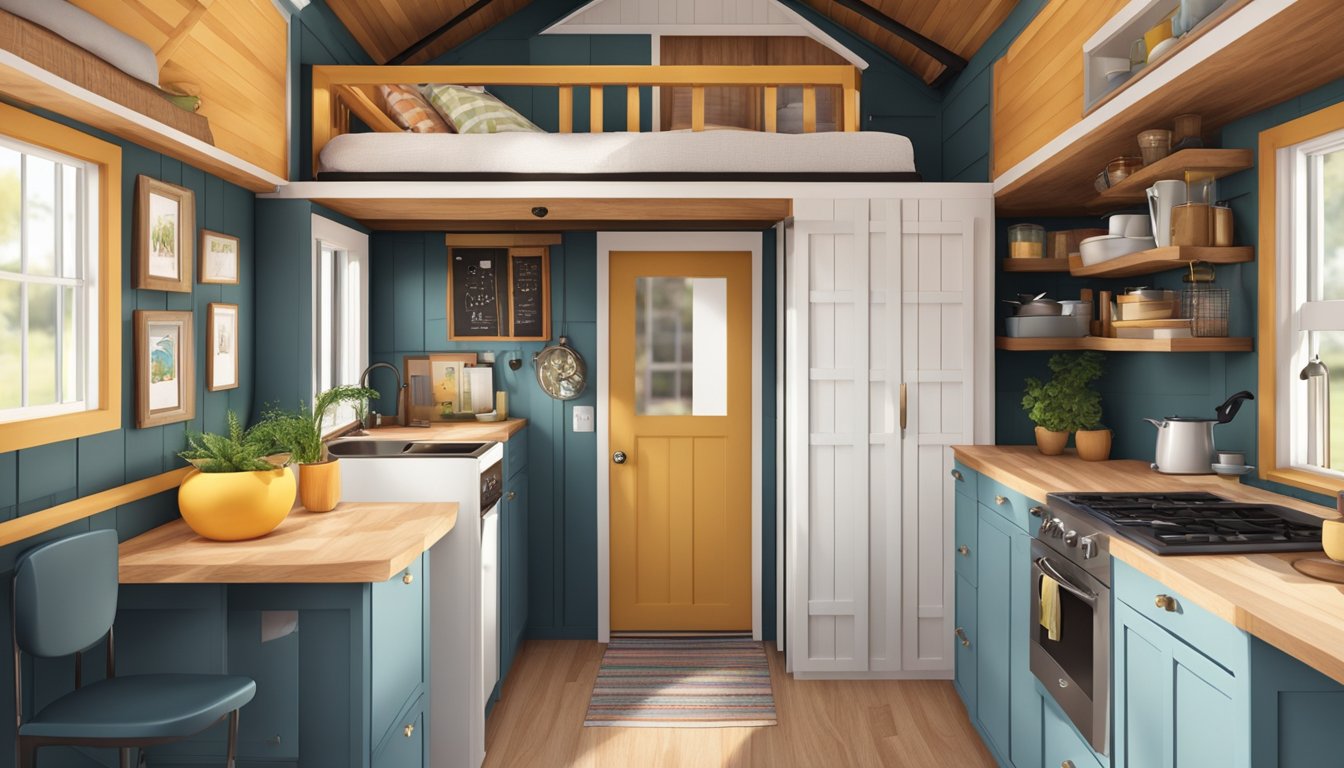 A cozy tiny house with a loft bed, compact kitchen, and space-saving decor