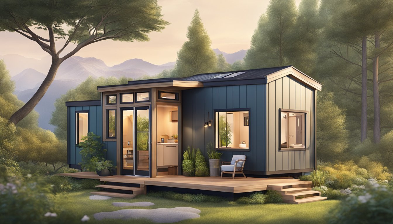 A cozy tiny house with efficient floor plan, surrounded by nature and featuring sustainable living elements