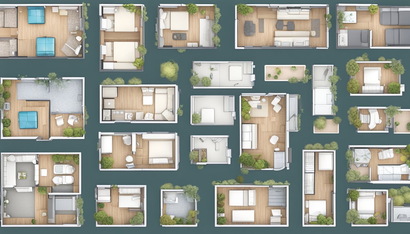 A variety of tiny house floor plans spread out on a table, each showcasing different designs and layouts