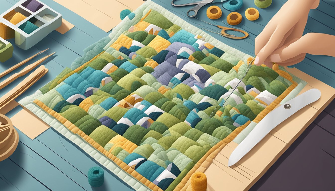 A close-up view of a hand sewing a precise quilt pattern with tiny house designs