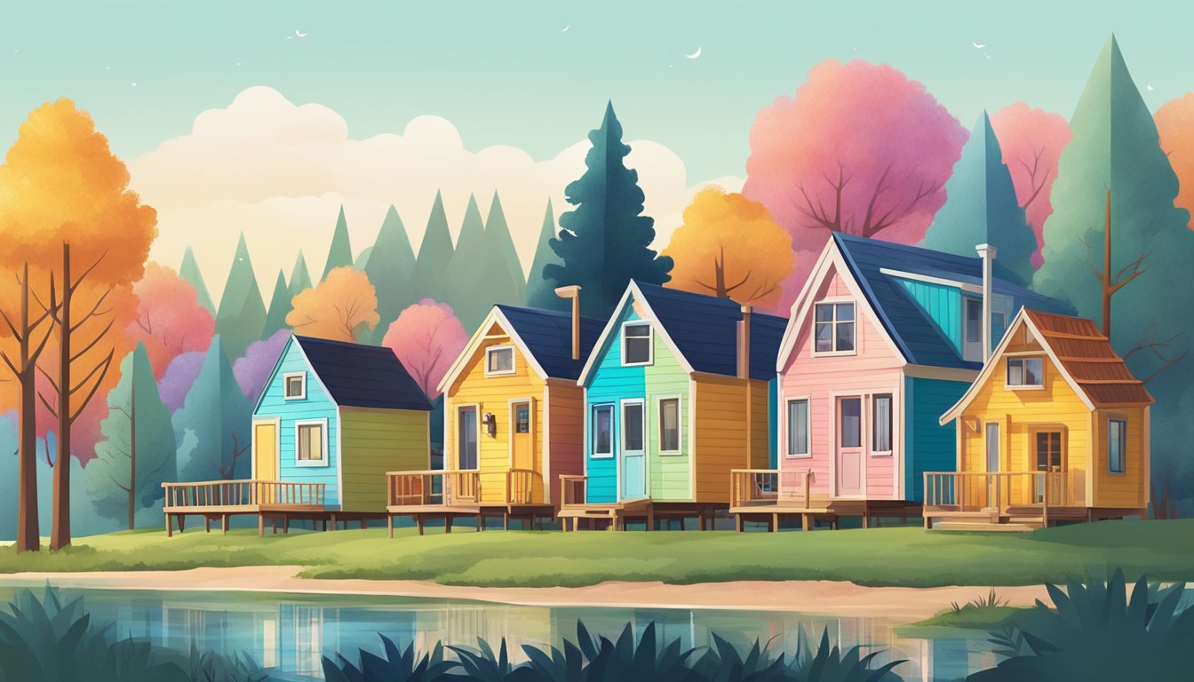 A row of colorful tiny houses with unique architectural designs, nestled among trees and surrounded by a serene natural landscape