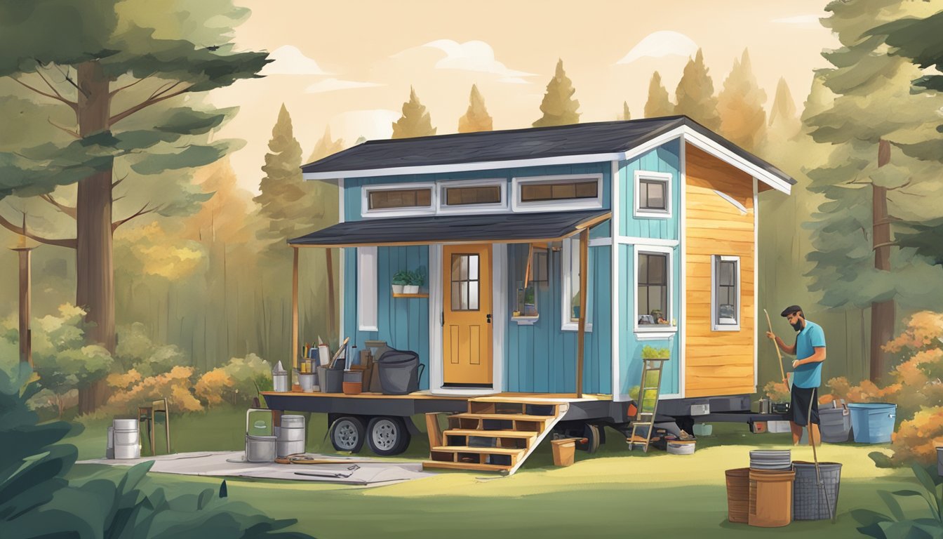 A person painting the exterior of a tiny house, surrounded by tools and materials for maintenance and upkeep