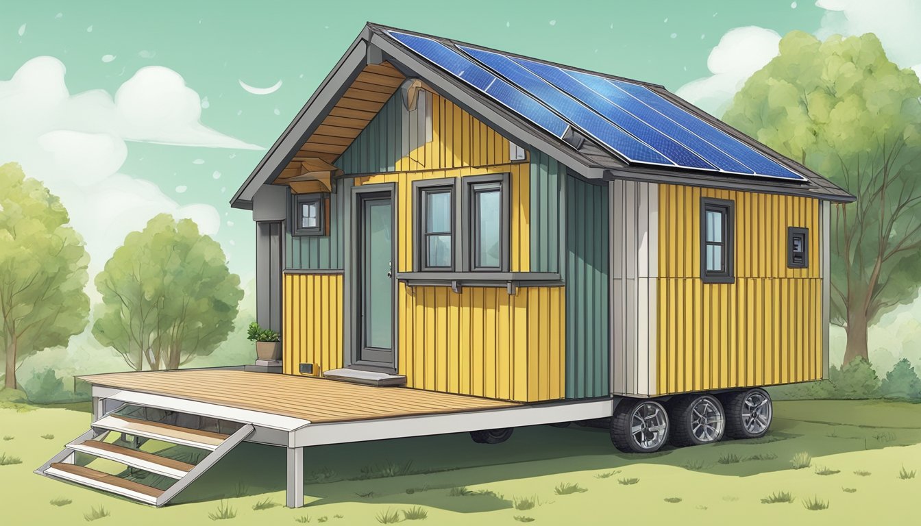 A tiny house with solar panels, rainwater collection system, and a green roof