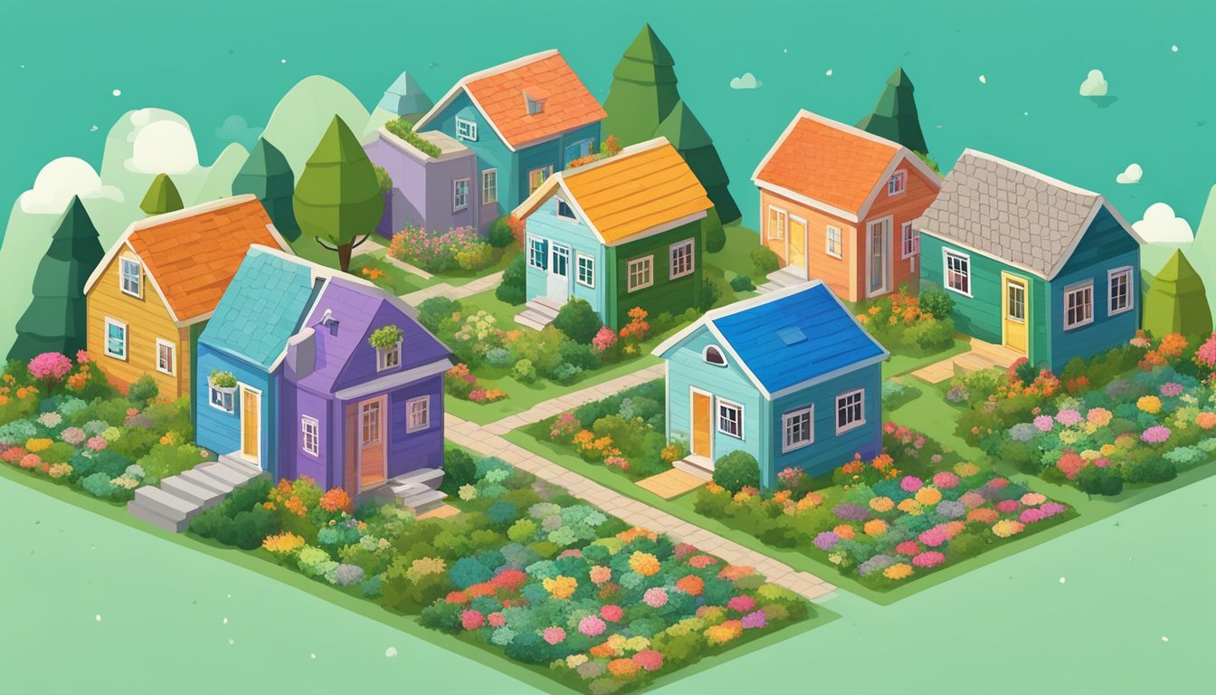 A cozy tiny house village with colorful, geometric quilt patterns on each house, surrounded by lush greenery and blooming flowers