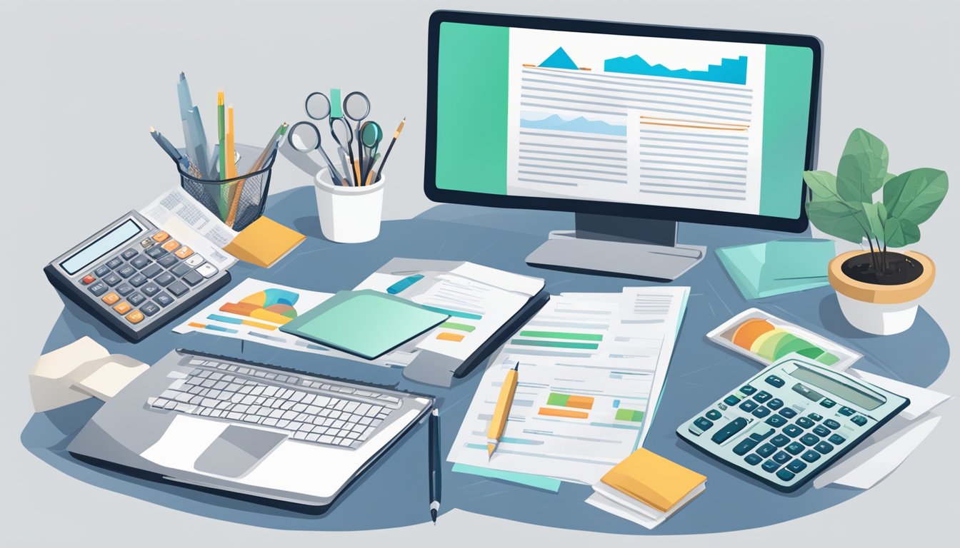 A desk with a laptop, calculator, and paperwork. A chart showing policy and premium options. A thoughtful person considering critical illness insurance