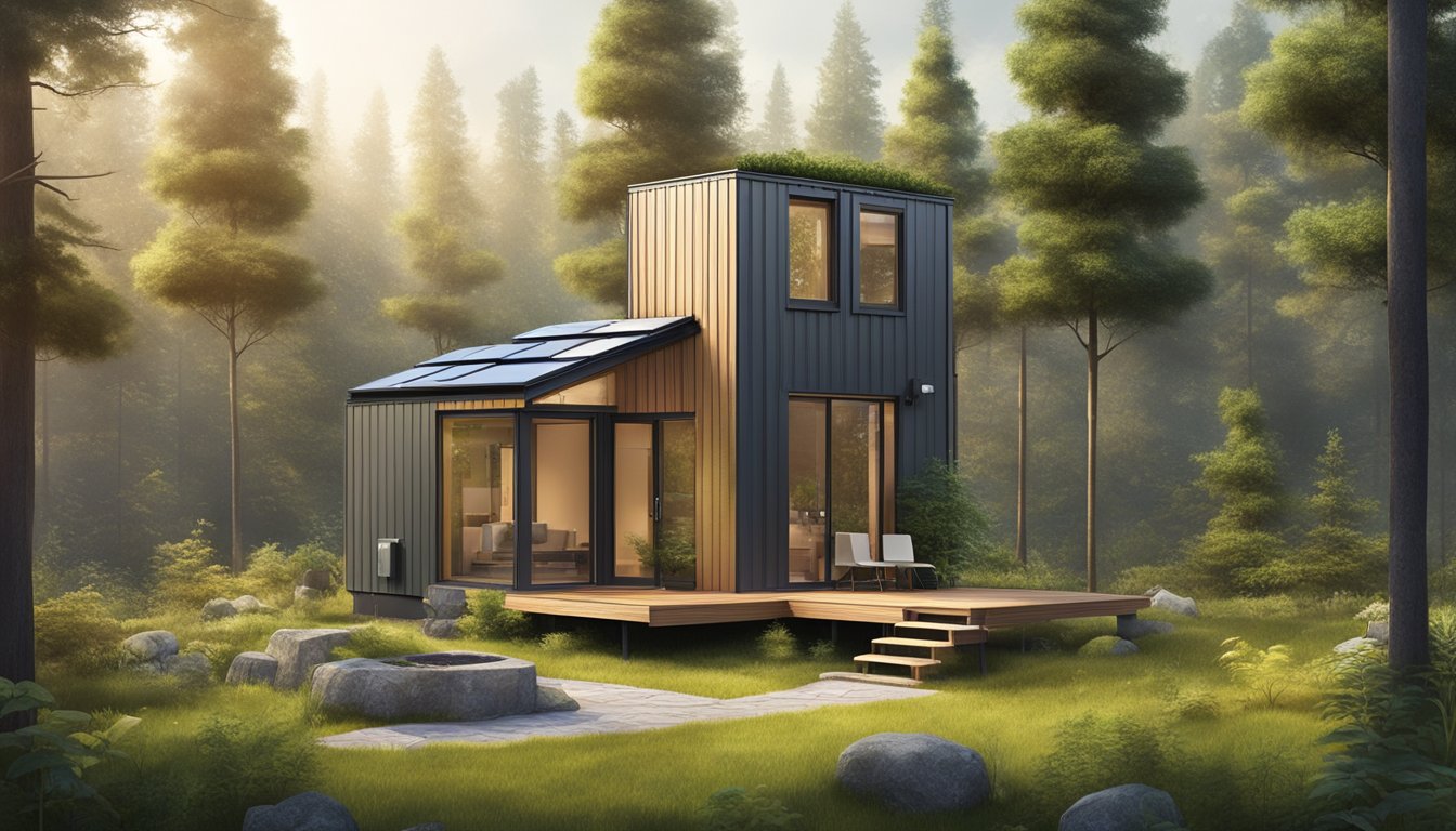 A tiny house nestled in a forest clearing, with solar panels on the roof and rainwater collection system. A composting toilet and small garden complete the sustainable design