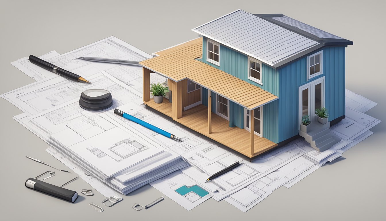 A tiny house surrounded by legal documents and regulations, with a measuring tape and a set of architectural blueprints on a table