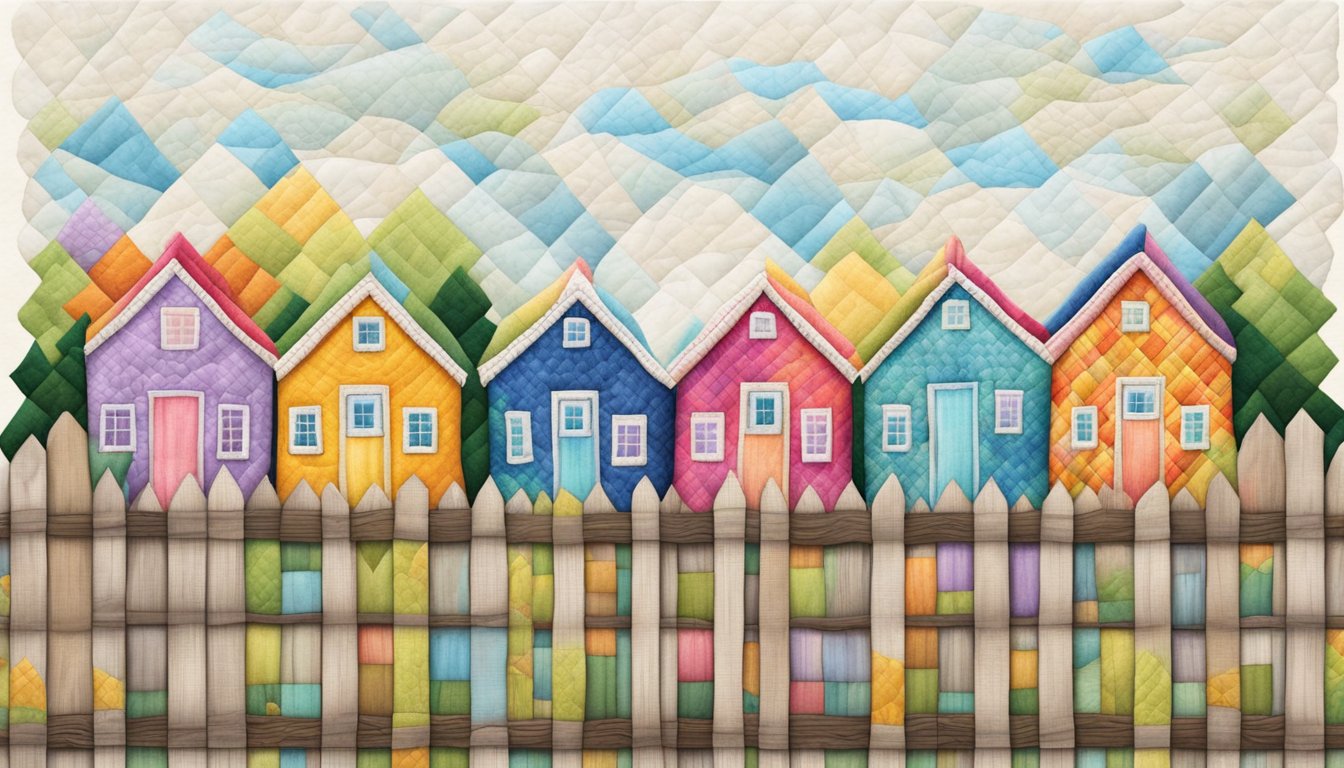 A cozy, colorful quilt draped over a wooden fence, with a row of tiny houses stitched into the fabric