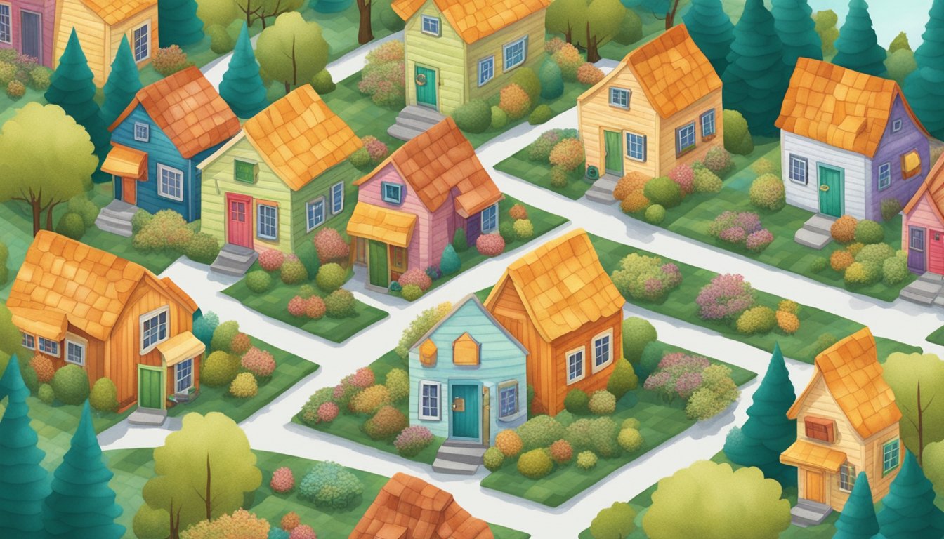 A cozy quilted scene with tiny houses nestled among trees, being sold and shared at a bustling market