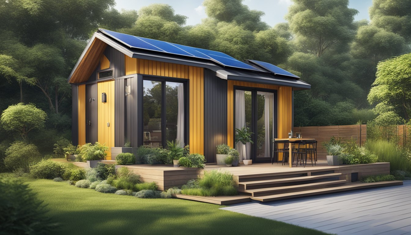 A tiny house surrounded by lush greenery, with solar panels on the roof and a small garden for sustainable living