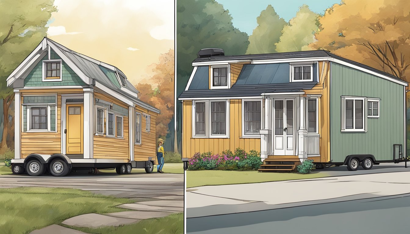 A tiny house on wheels parked next to a traditional home, with a person comparing the two designs