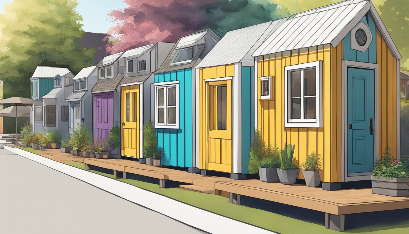 A row of stylish, compact tiny houses nestled in a vibrant market setting, showcasing modern design and sustainable features