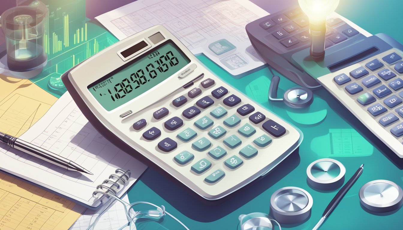 A calculator surrounded by medical symbols and charts, with a spotlight highlighting the screen displaying the calculated premiums for critical illness insurance