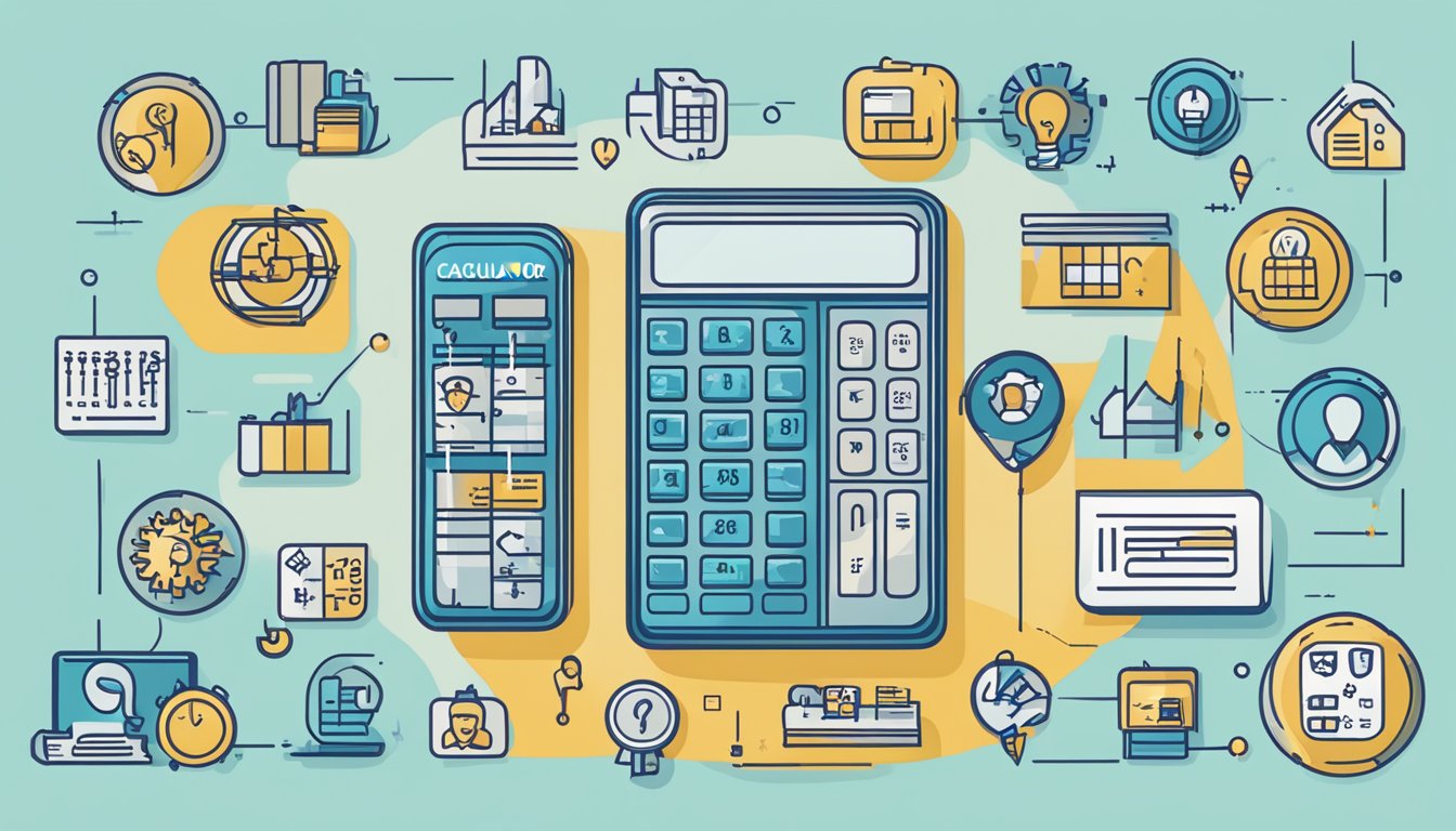 A calculator surrounded by icons representing different critical illness insurance policy features and options