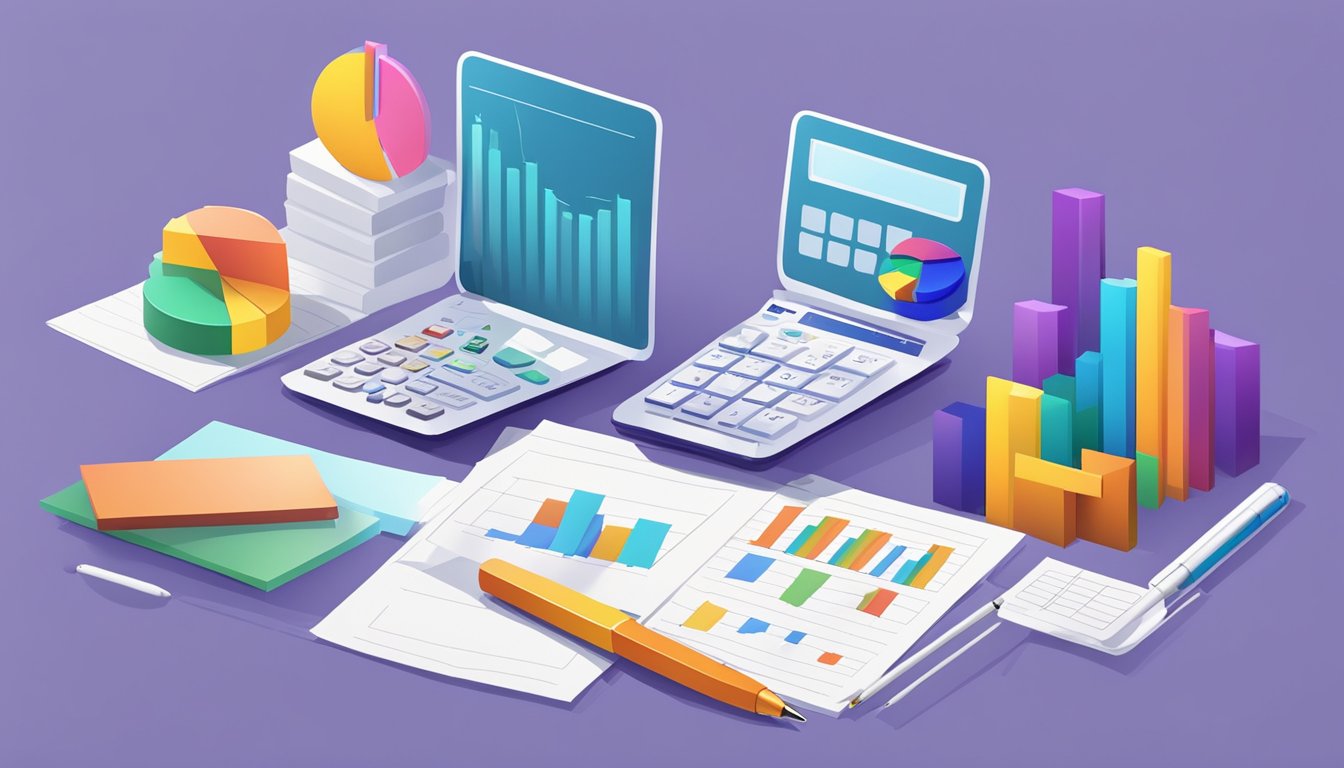 A stack of colorful charts and graphs, a calculator, and a pen on a desk