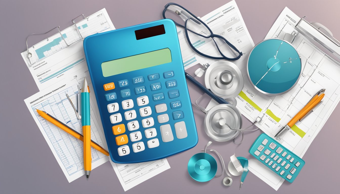 A calculator surrounded by medical equipment and paperwork, with a chart showing fluctuating monthly costs for critical illness insurance