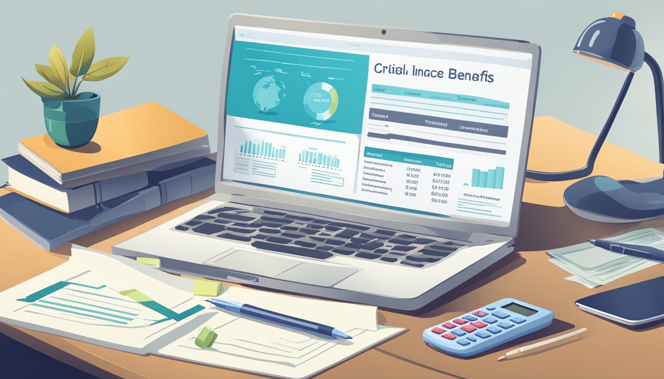 A table with a laptop, calculator, and paperwork showing critical illness insurance coverage details and benefits