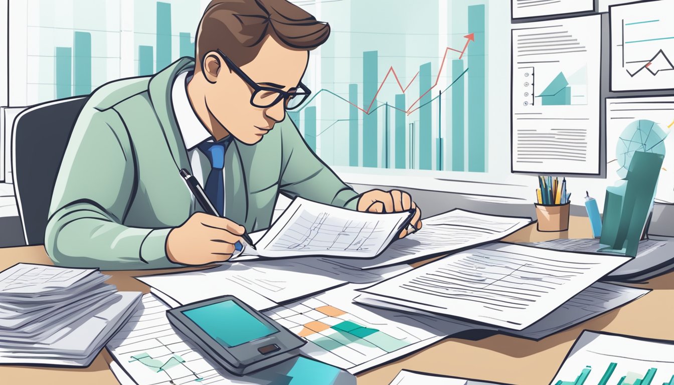 A person reviewing documents with charts and graphs, calculating costs and benefits of critical illness insurance