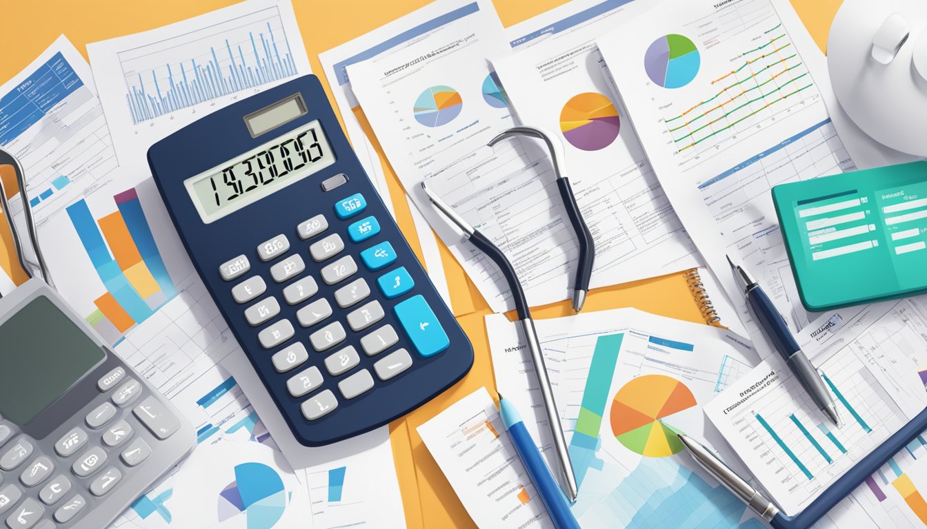 A calculator surrounded by various insurance policy documents and charts, with a focus on critical illness coverage