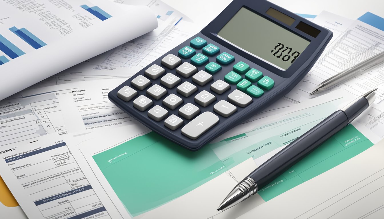 A stack of legal documents and regulatory guidelines next to a calculator and insurance policy brochure