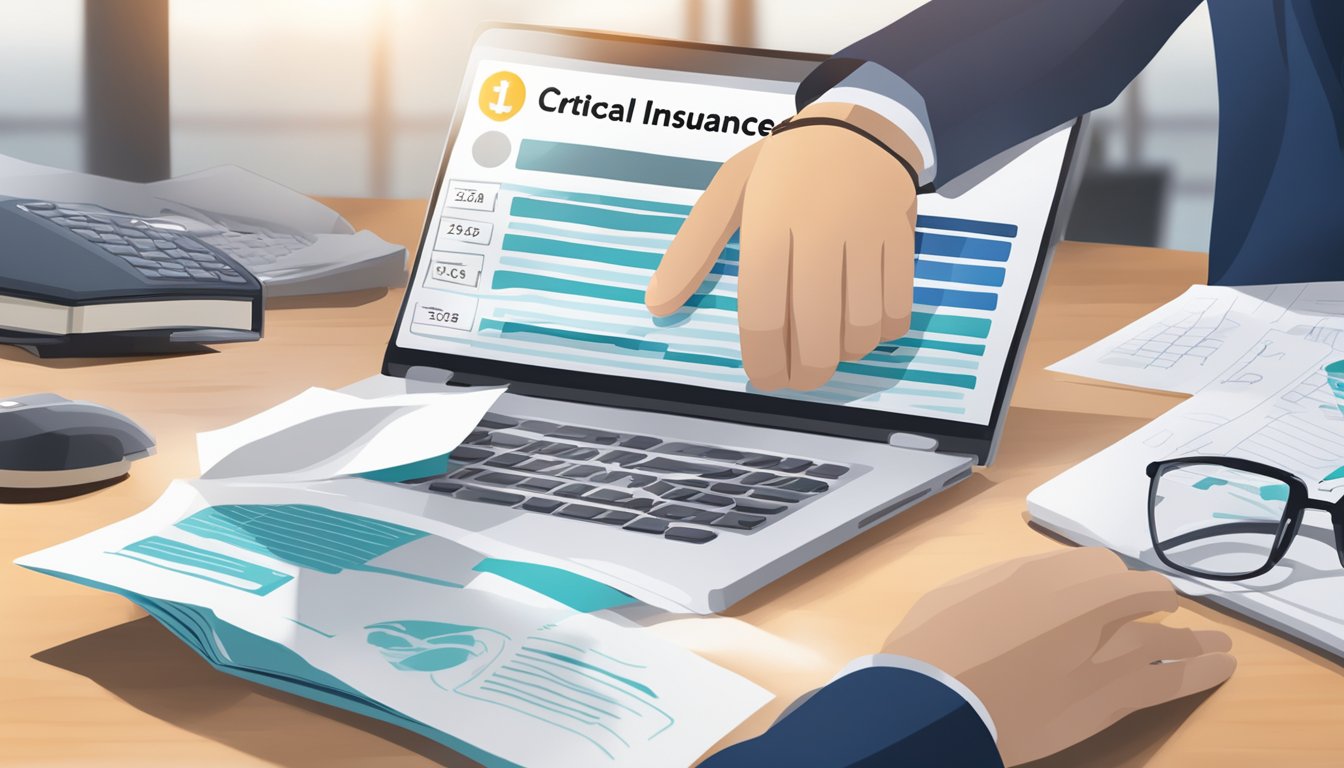 A desk with a computer displaying a policy management system. A hand holding a document with "Critical Illness Insurance Monthly Cost" printed on it