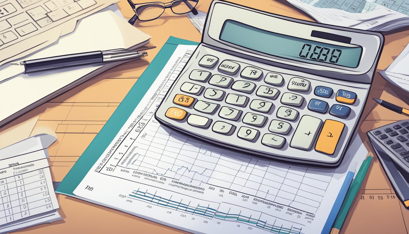 A calculator displaying monthly critical illness insurance cost against a backdrop of financial planning documents and charts