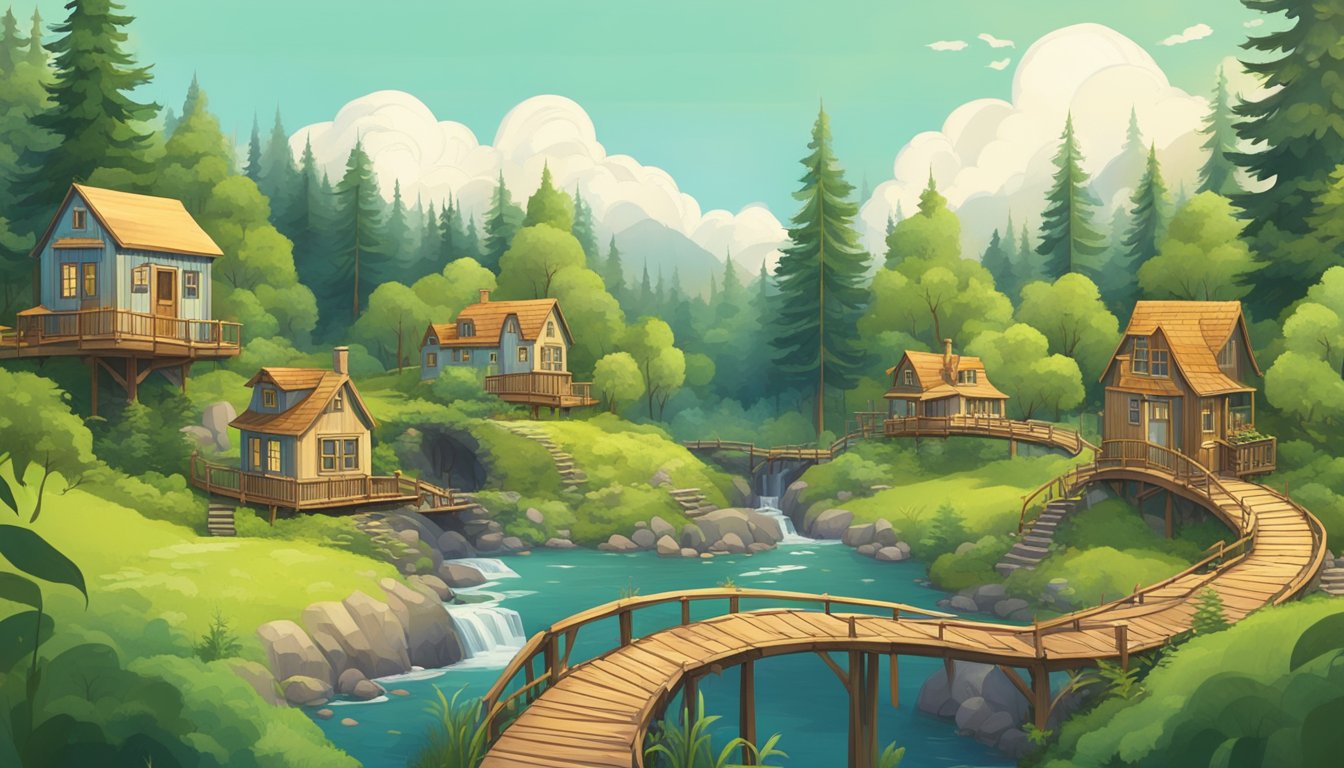 A cluster of tiny houses nestled among towering trees in a lush forest clearing, with a winding stream and a wooden bridge