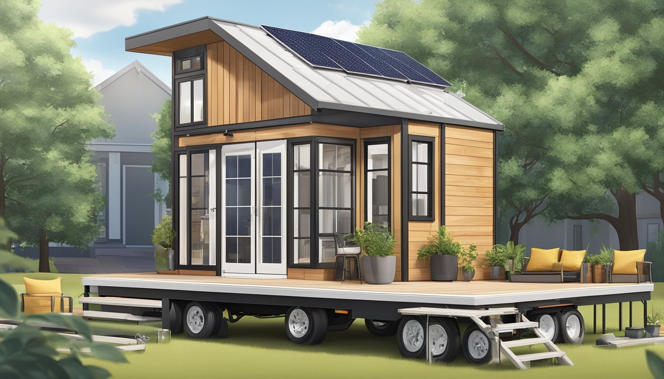 A tiny house being customized with various build tips and ideas, such as solar panels, outdoor decks, and innovative storage solutions