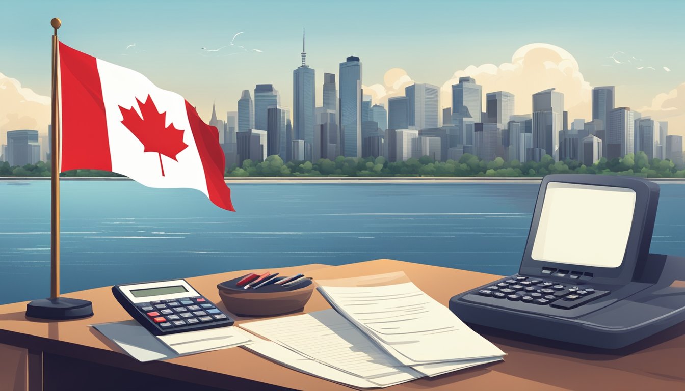 A Canadian flag waving in the wind against a backdrop of a city skyline, with a calculator and insurance documents on a desk