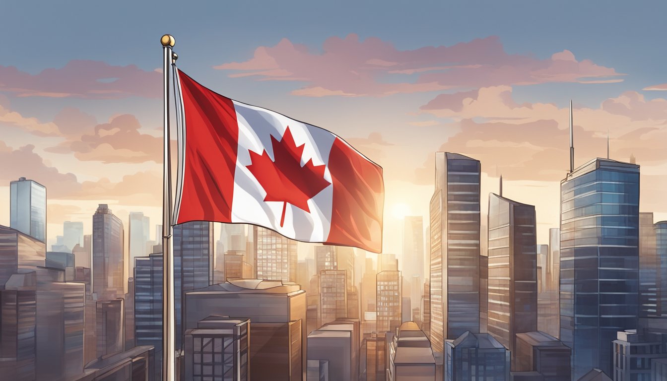 A Canadian flag waving in the wind against a backdrop of a diverse city skyline