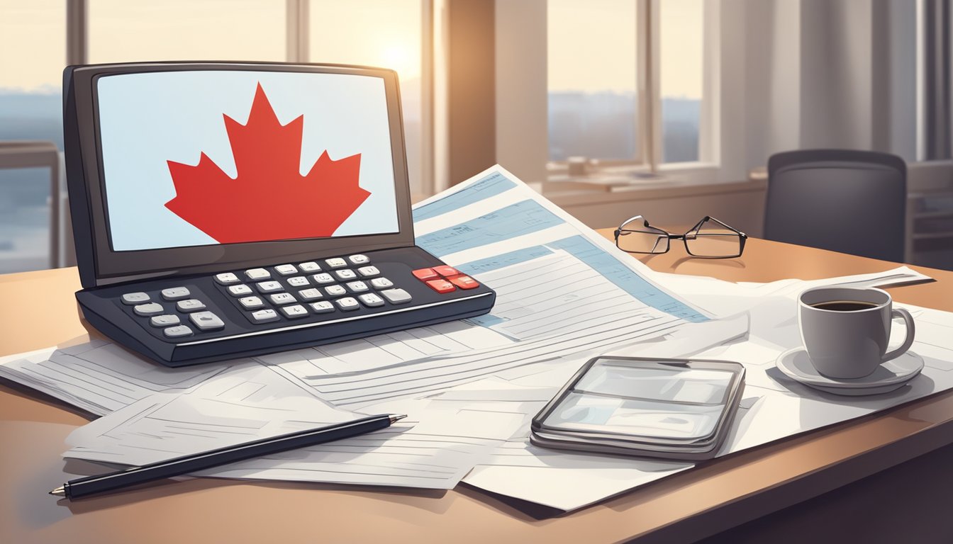 A Canadian flag waving in the wind with a calculator and insurance documents on a desk