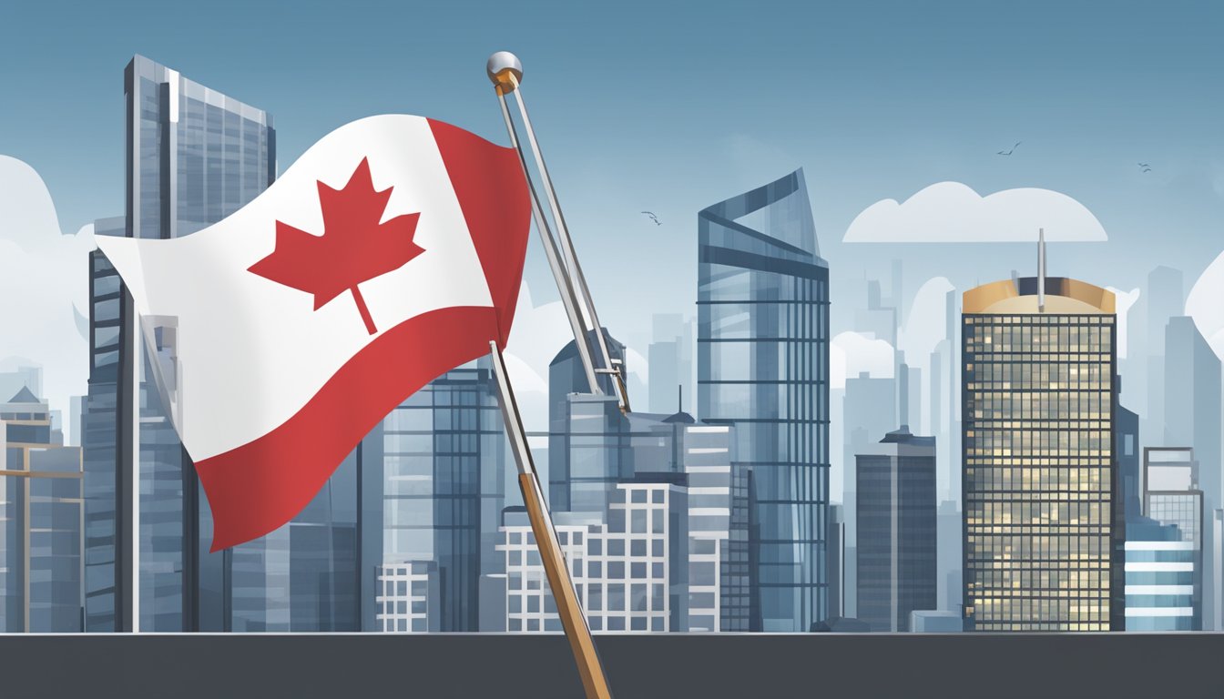 A Canadian flag waving in the wind against a backdrop of a modern city skyline, with a graph showing rising and falling insurance costs