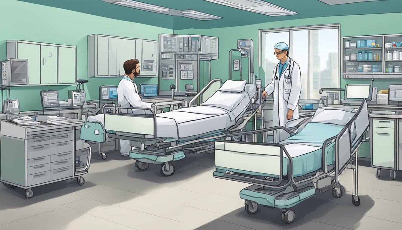 A hospital bed surrounded by medical equipment, with a doctor and patient discussing critical illness insurance options