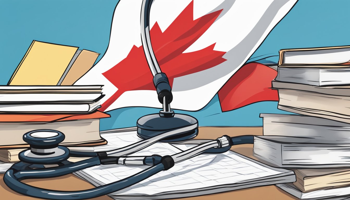 A Canadian flag waving in the wind against a backdrop of a clear blue sky, with a stethoscope and a pile of paperwork on a desk