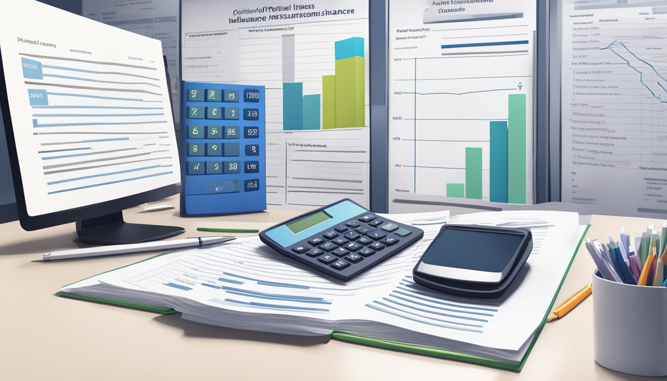 A stack of policy documents and a calculator on a desk. A chart showing critical illness insurance rates. Buyer considerations listed on a whiteboard