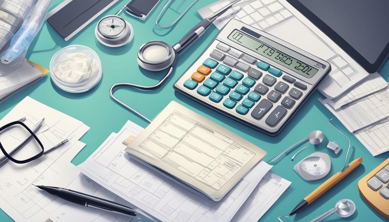 A calculator surrounded by medical equipment and paperwork on a desk