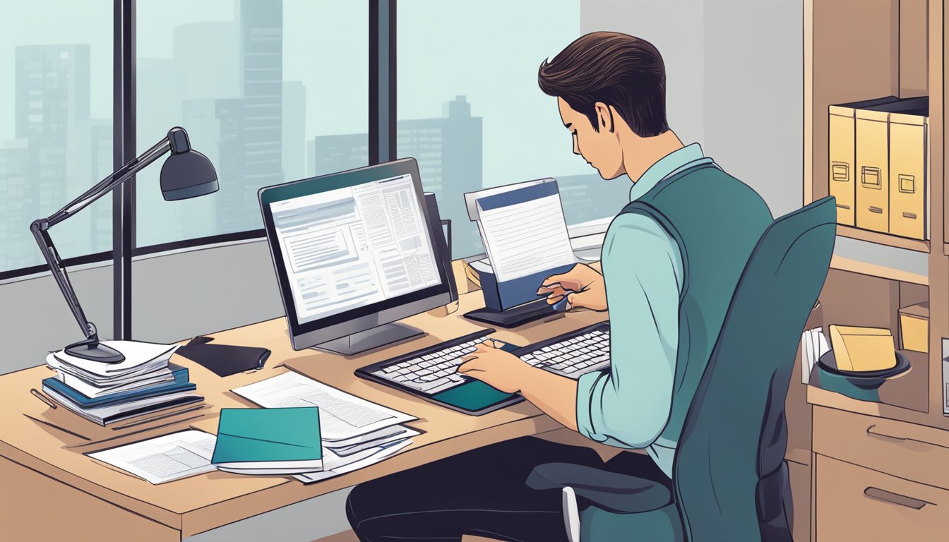 A person sitting at a desk, filling out forms and reviewing documents, with a computer and phone nearby