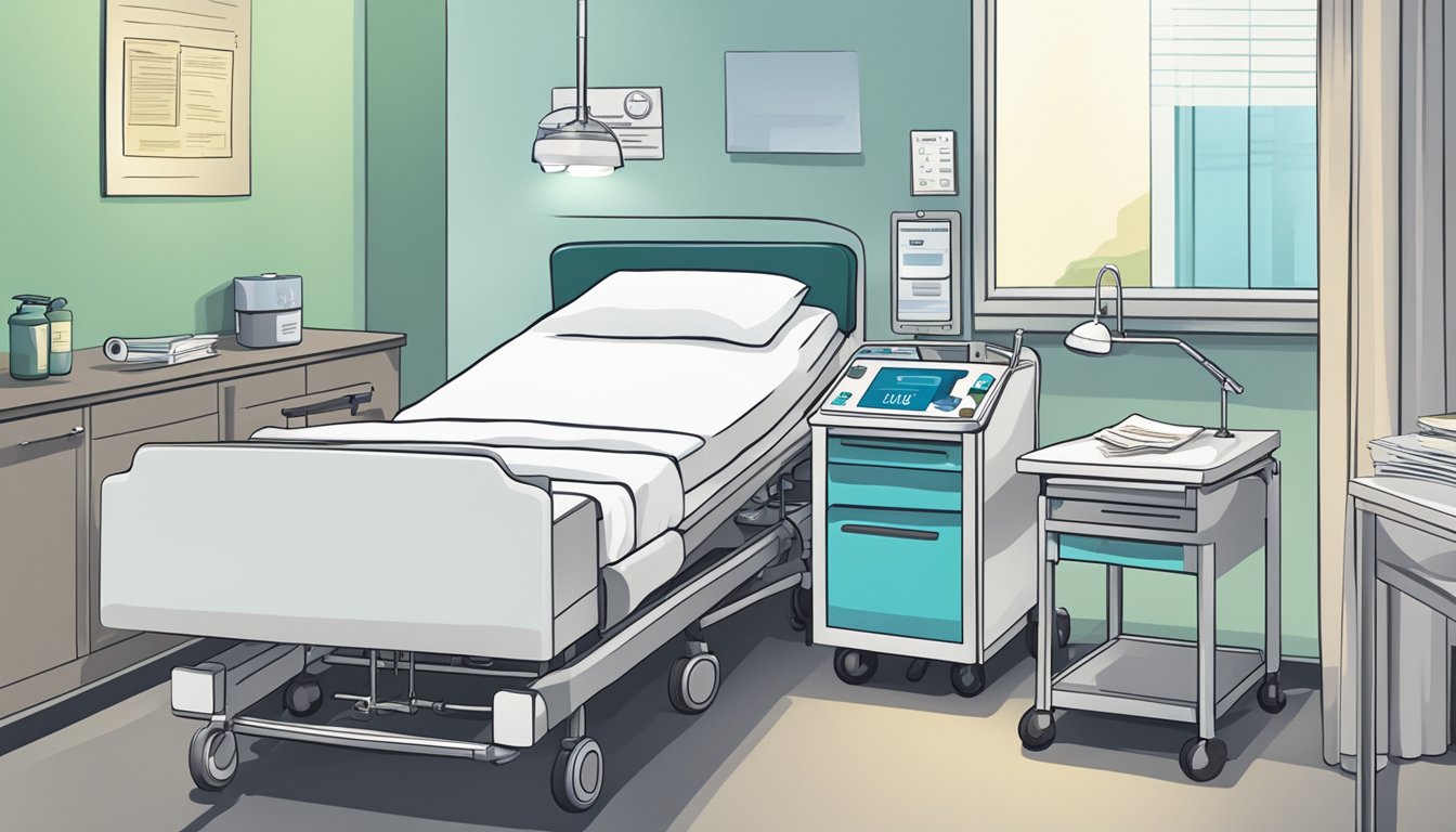 A hospital room with a bed, medical equipment, and a critical illness insurance pamphlet on a bedside table