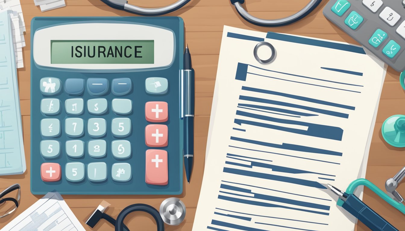 An insurance policy document surrounded by medical equipment and a calculator on a desk