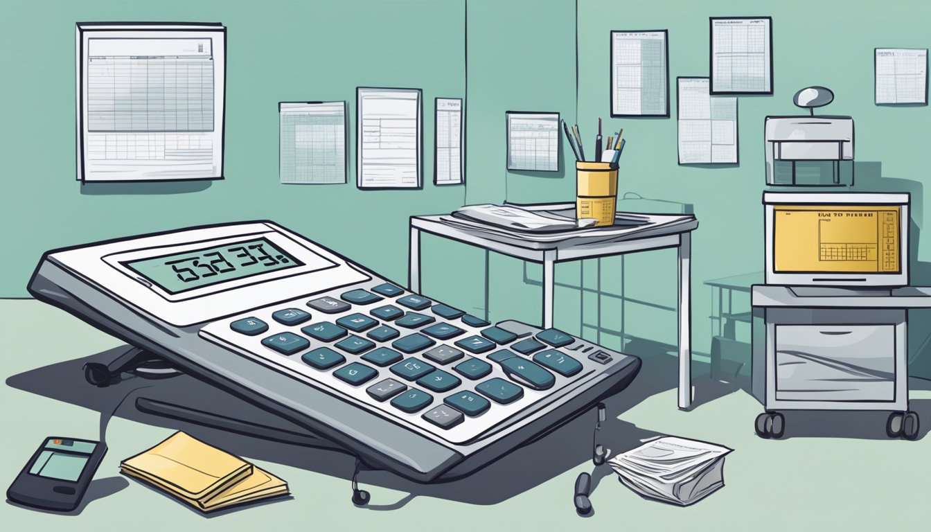 A calculator with rising numbers, a hospital bed, and a stack of medical bills