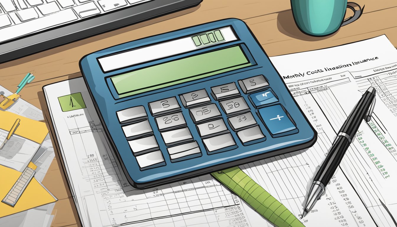 A calculator, a pen, and a notepad on a desk with a laptop open to a spreadsheet showing monthly cost calculations for critical illness insurance